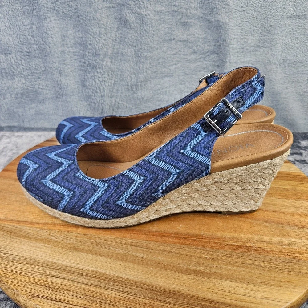 Vionic Coralina Espadrille Blue Chevron Print Slingback Wedge Sandals Womens 7.5